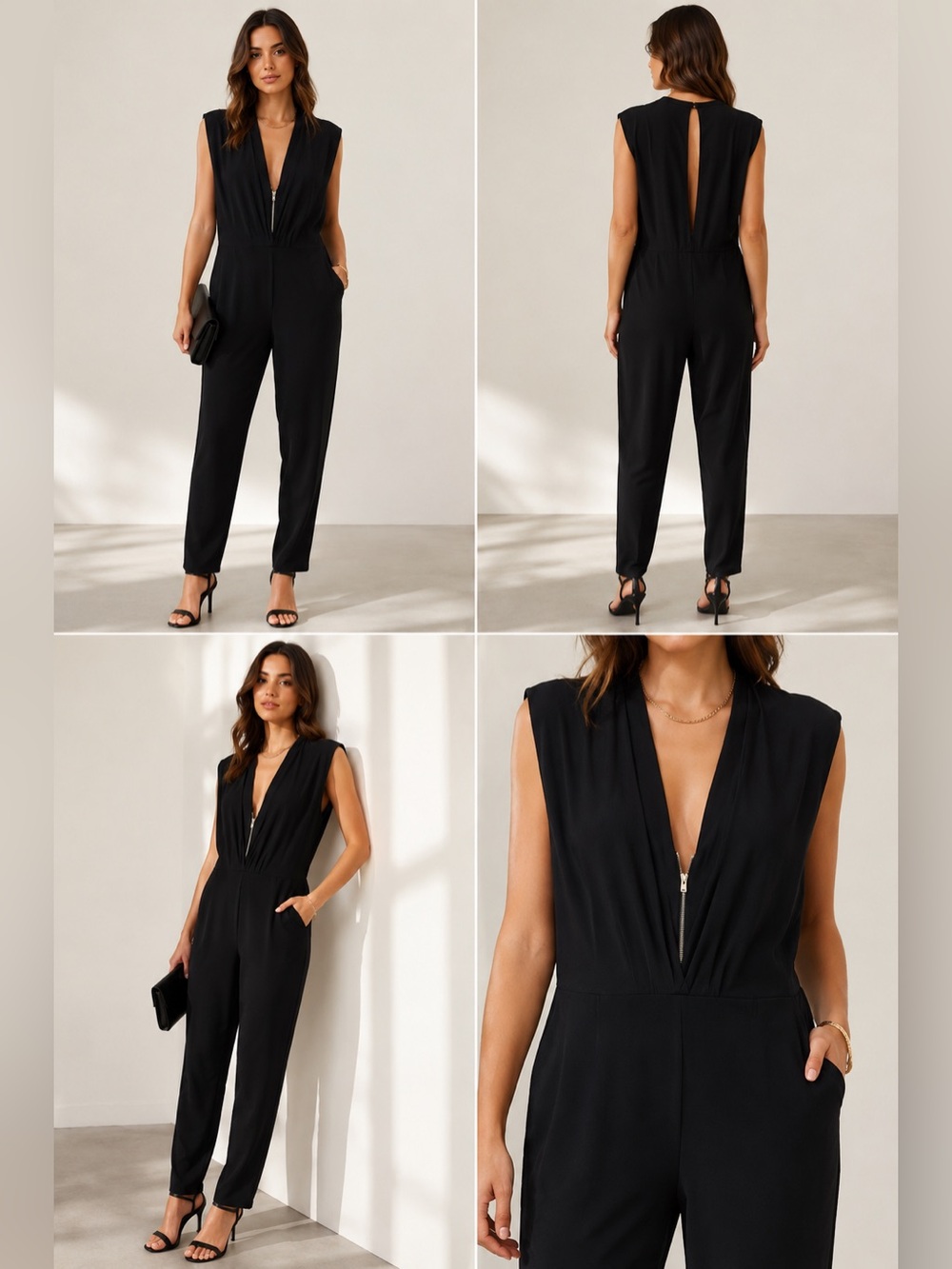 Sandro Paris Black Deep V Zip Front Jumpsuit Open Back Sleeveless Size 2